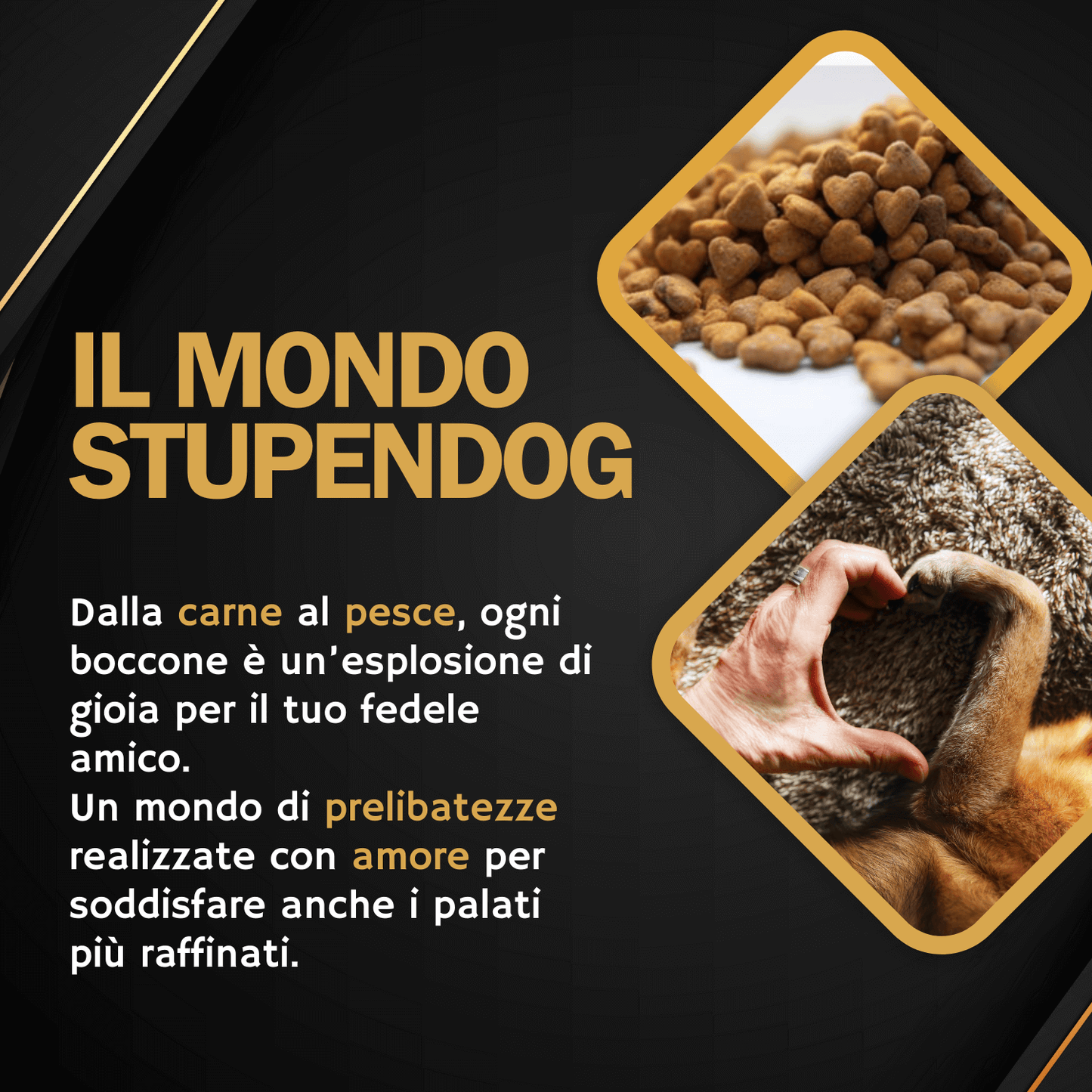 Immagine promozionale delle crocchette StupenDog, mostrando alimenti gustosi per cani e amore per gli animali.