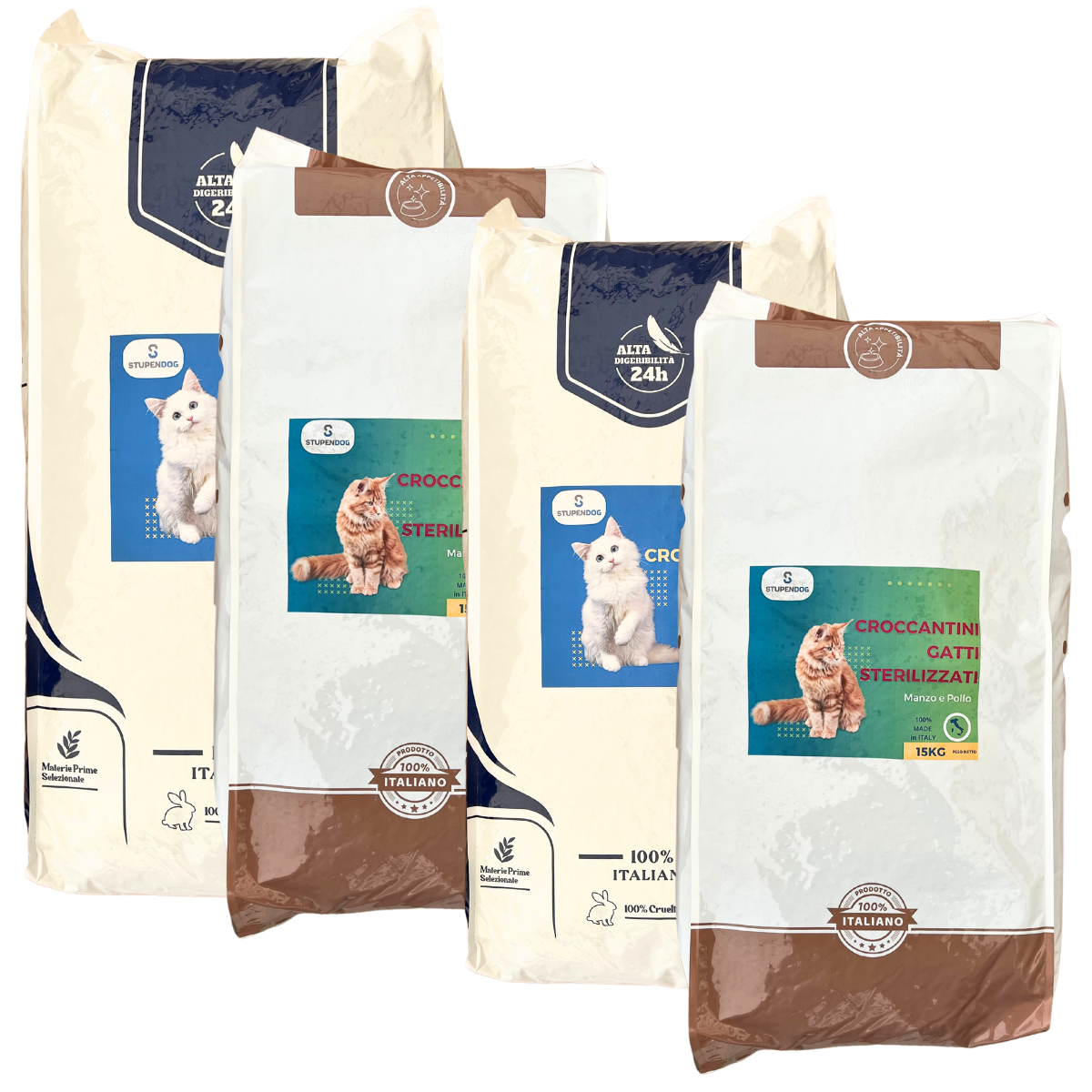 Multipack di crocchette per gatti: 2 sacchi da 20kg e 2 sacchi sterilizzati da 15kg, convenienti e di alta qualità.
