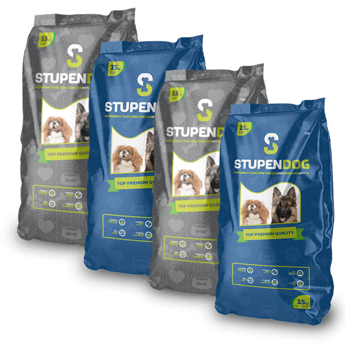Multipack of Stupendog premium dog food bags, featuring 15kg packs with various flavors for dogs.