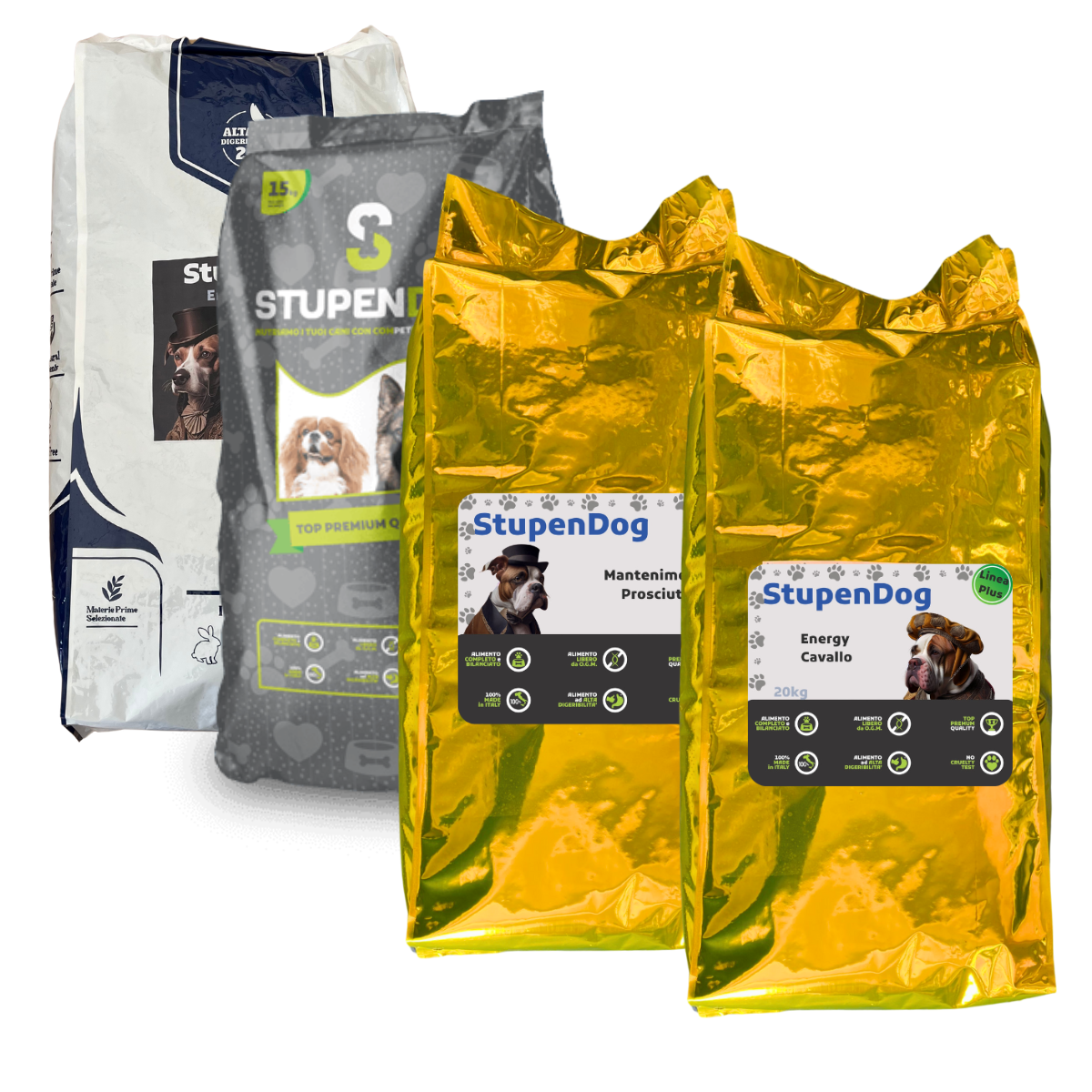 Multipack of StupenDog pet food including Prosciutto, Cavallo, and Power flavors.