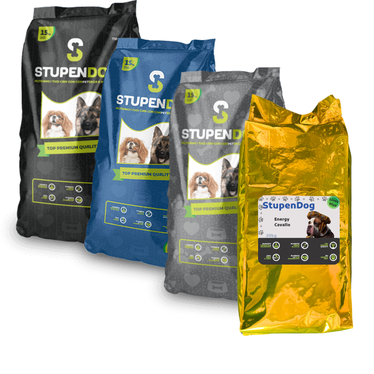 Multipack of StupenDog premium dog food featuring four bags in different flavors and sizes.