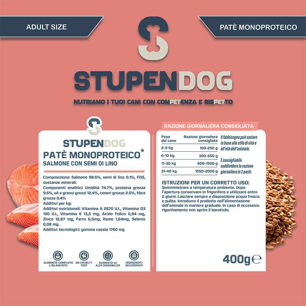 Patè Monoproteico Stupendog salmone con semi di lino per cani 12pz