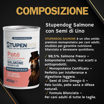 Patè Monoproteico Stupendog salmone con semi di lino per cani 12pz