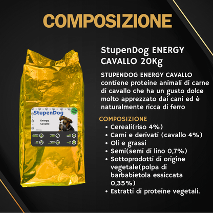 StupenDog Energy Cavallo 20kg dog food bag featuring composition details and benefits for pets.