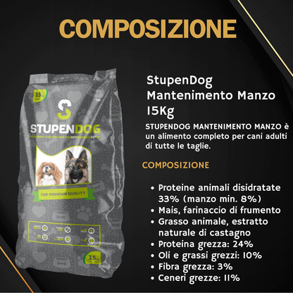 Busta di crocchette StupenDog Manzo 15kg per cani adulti, composizione ricca e bilanciata per energia e vitalità.