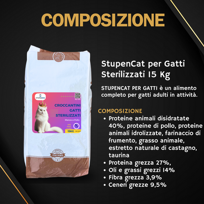 StupenCat Croccantini per gatti sterilizzati 15kg, cibo completo con ingredienti specifici per gatti in attività.