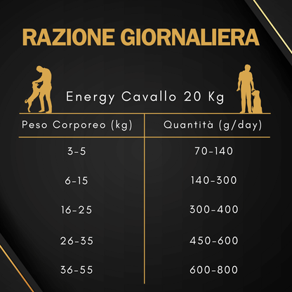 Daily feeding guide for Crocchette Gold Energy Cavallo 20kg for dogs, detailing quantity by weight.