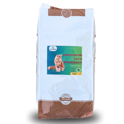 Busta di croccantini per gatti sterilizzati StupenCat, 15kg, formula leggera e ricca di fibre per la gestione del peso.