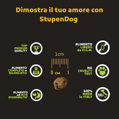 Informative graphic highlighting StupenDog dog food quality, including key benefits like digestibility and cruelty-free testing.