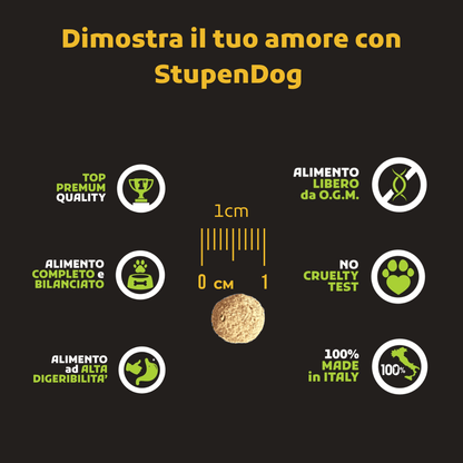 Informative graphic showcasing StupenDog benefits: high quality, balanced nutrition, no cruelty testing, made in Italy.