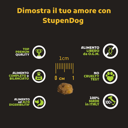 Infographic showcasing StupenDog benefits: premium quality, complete nutrition, and made in Italy.