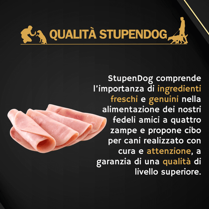 Fresh prosciutto slices promoting StupenDog's quality dog food ingredients.