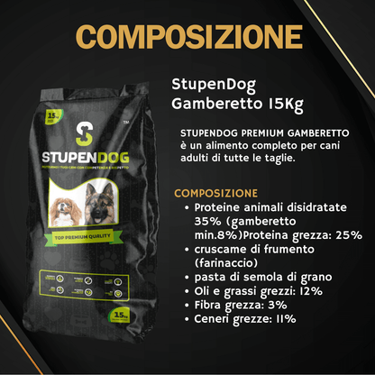 StupenDog Gamberetto 15kg dog food bag composition with protein and ingredient details.