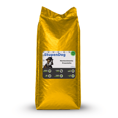 Sacchetto di crocchette StupenDog Mantenimento Prosciutto da 20kg per cani, ideale per appetito e salute dentale.