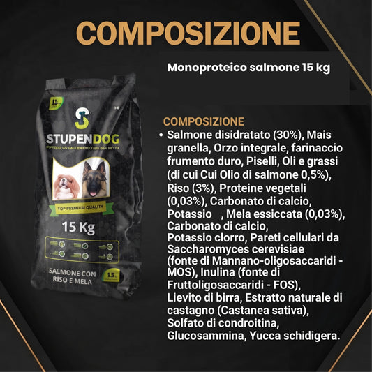 Crocchette super premium monoproteico 15 kg Salmone con riso e mela