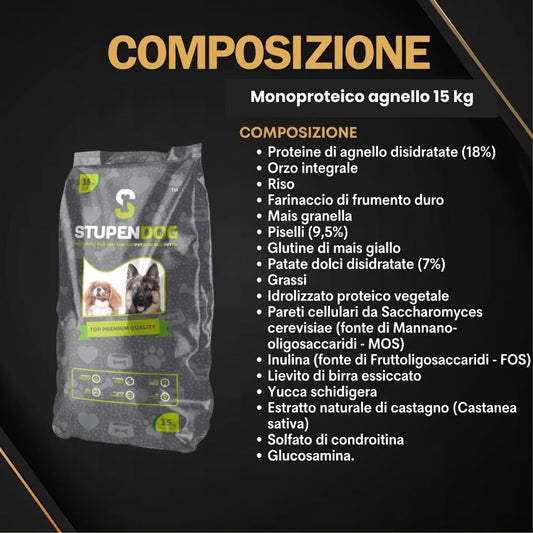 Crocchette super premium monoproteico 15 kg Agnello con patate e piselli